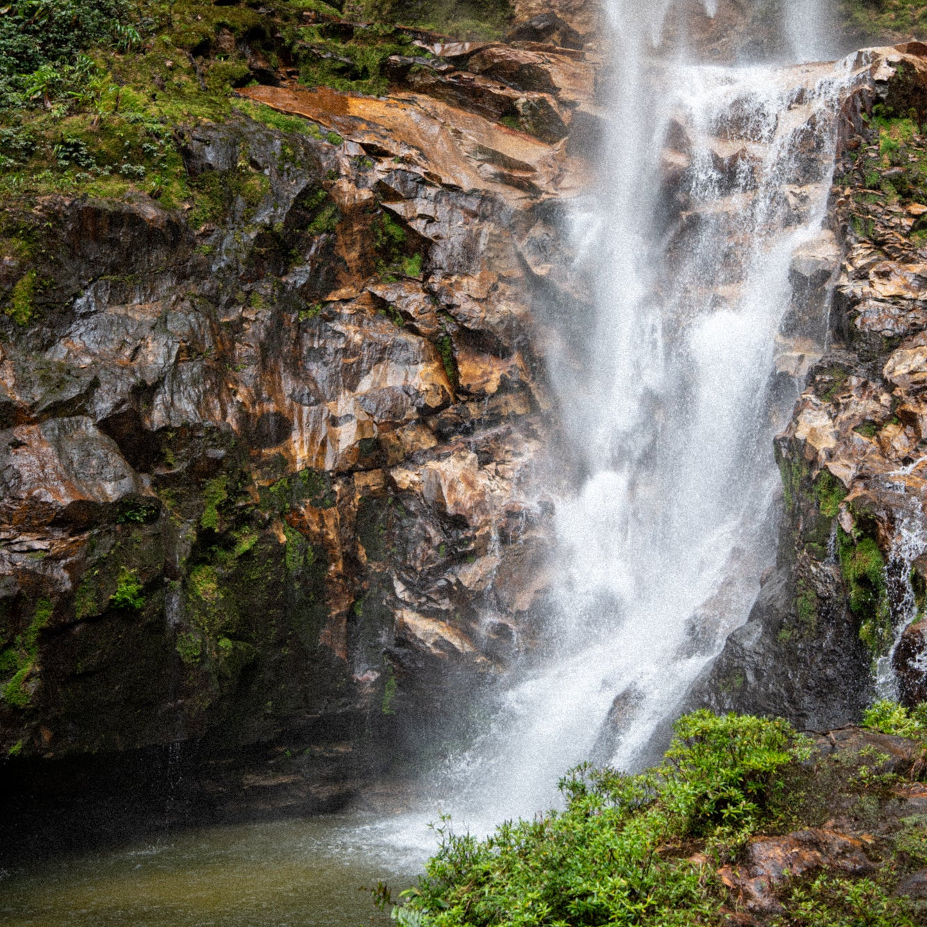 Waterfall cascading down a rocky cliff with greenery