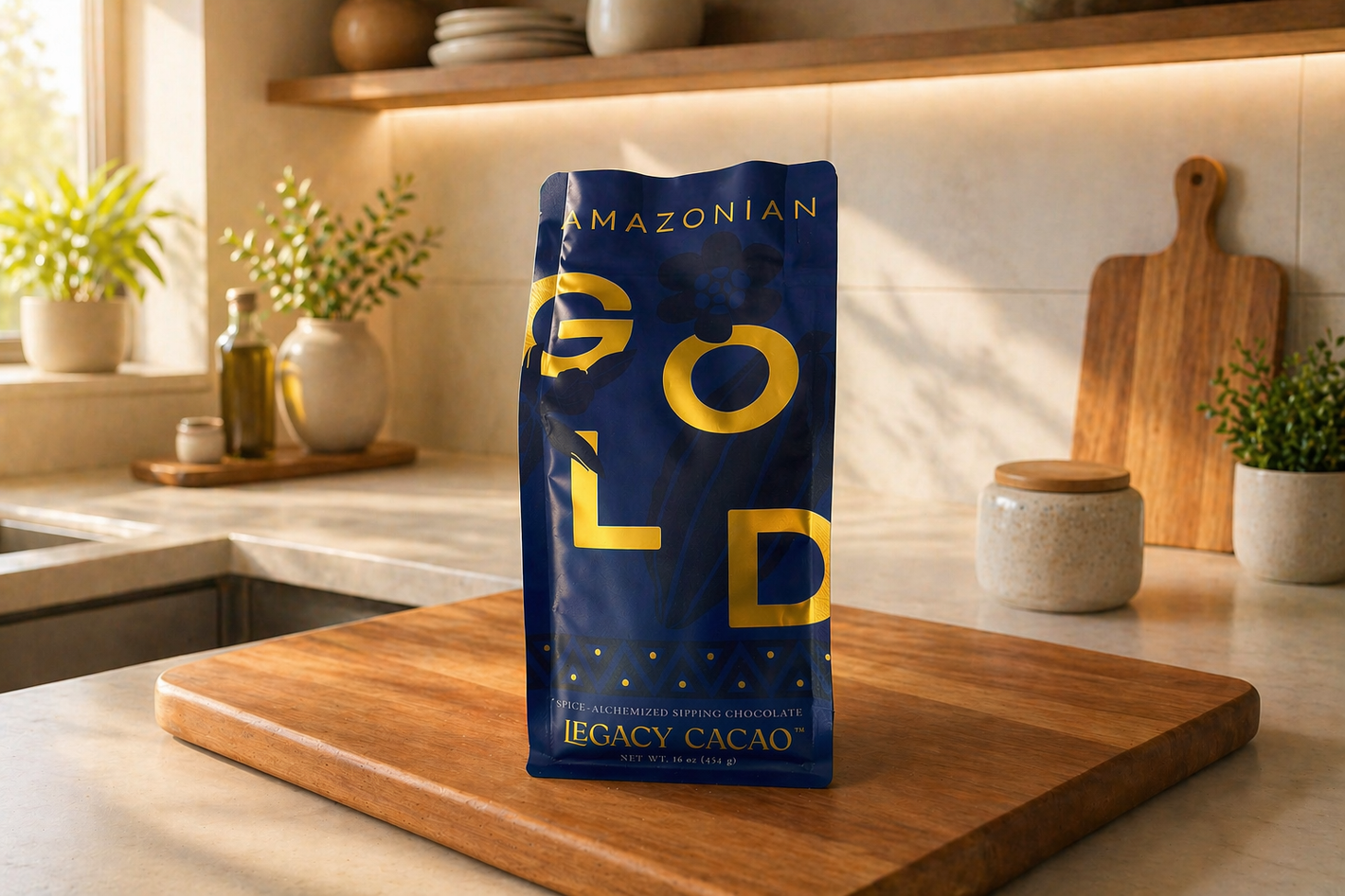 Amazonian Gold Legacy Cacao package on a wooden cutting board in a kitchen setting