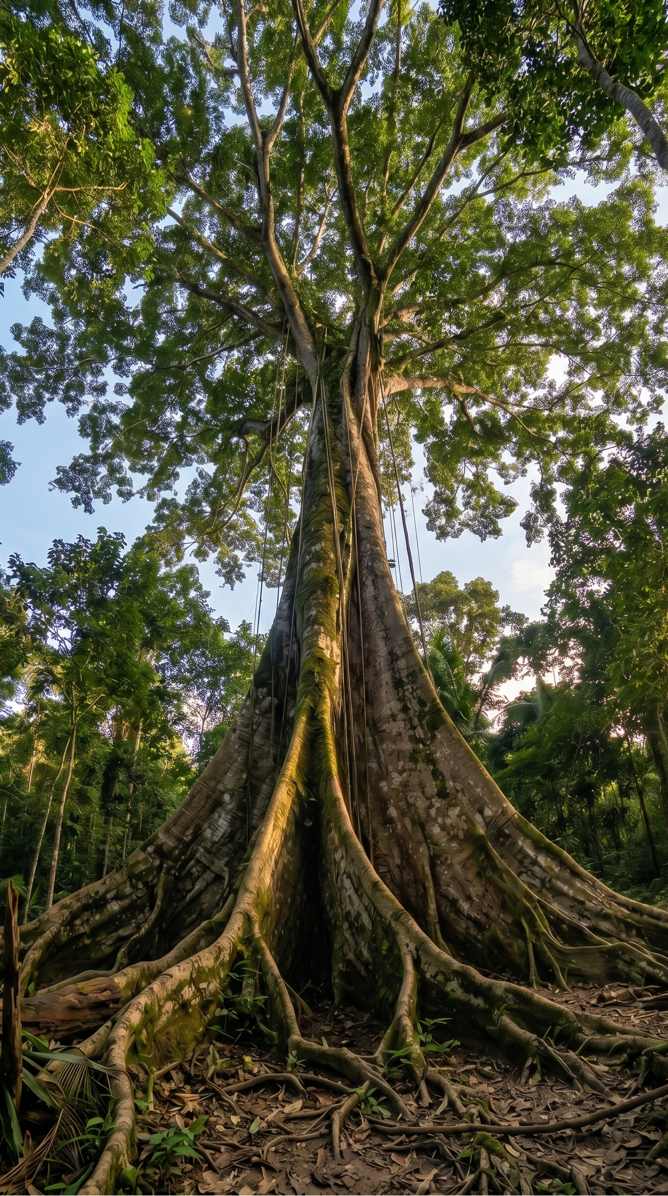 Tall tree with a thick trunk and extensive root system in a forest setting