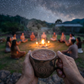 People gathered around a campfire under a starry sky, with a person holding a mug of hot Legacy Cacao. 